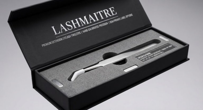 OEM protective wholesale packaging designed to preserve the delicate hand-calibration of precision LASHMAITRE extension eyelash tweezers during global logistics.