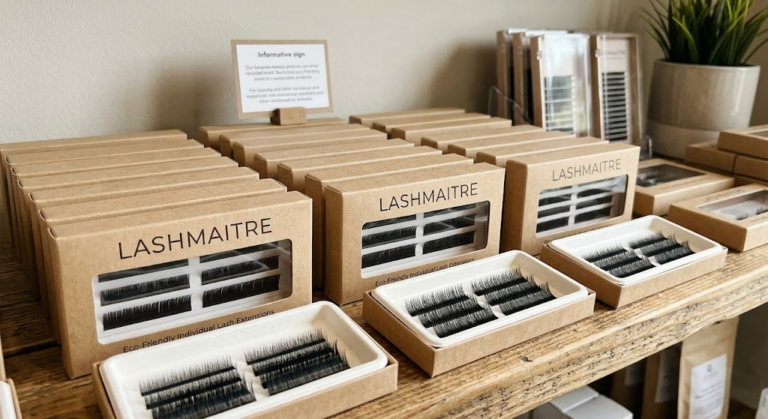 Extreme macro photography of rows of recycled kraft paper private label boxes, each explicitly housing perfectly aligned individual extension fibers within a biodegradable bagasse tray, demonstrating sustainable OEM solutions for procurement of professional eyelash extensions bellingham washington.