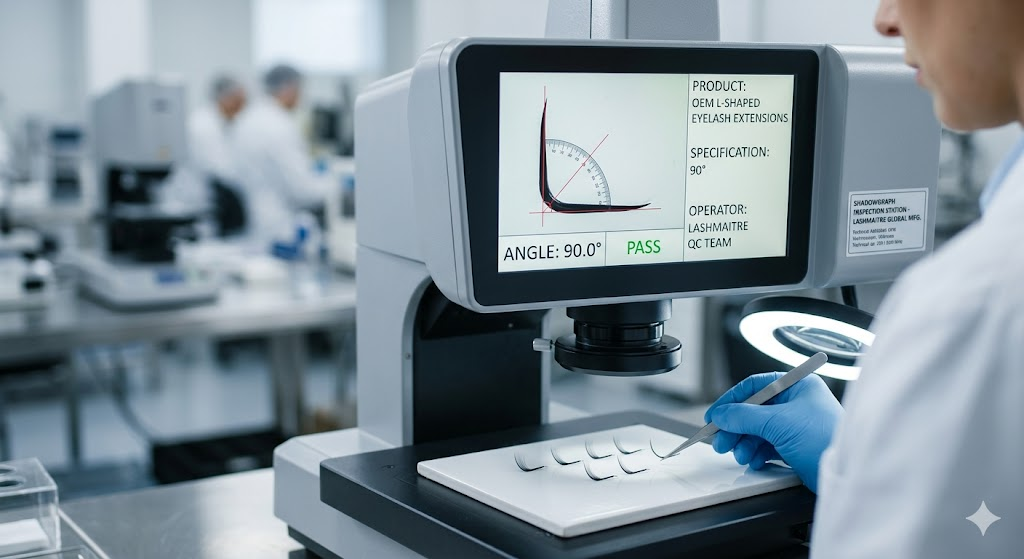 Macro photography of a B2B factory quality control engineer using a digital optical shadowgraph to verify the precise 90-degree curvature of LASHMAITRE l shaped eyelash extensions on a sterile inspection tile.