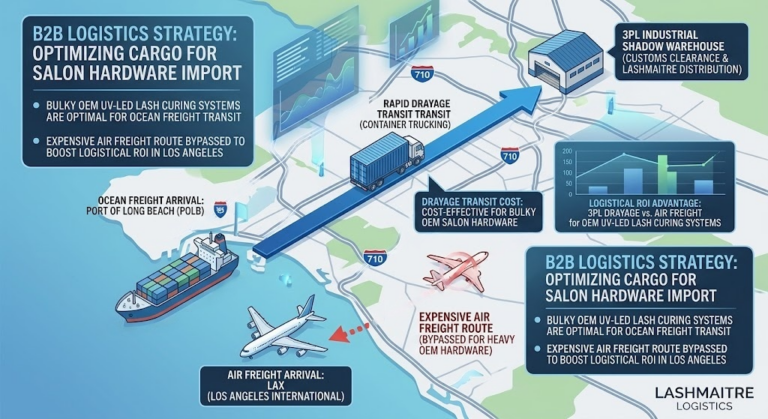 A professional B2B logistical flowchart on a Southern California map showing the ocean freight drayage route for bulky OEM UV-LED curing systems, a critical supply chain strategy for premium eyelash extensions west hollywood distributors.