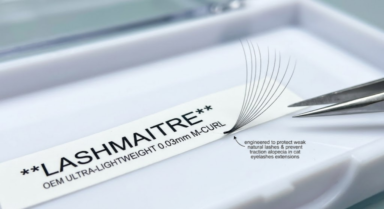 Extreme macro photography of an ultra-lightweight 10D volume fan made from 0.03mm M-curl synthetic fibers, engineered with a weightless base to protect weak outer natural lashes during the application of cat eyelashes extensions.