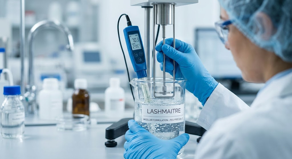 Macro photography inside a B2B factory laboratory of a technician in sterile PPE testing a new batch of PEG-free micellar cosmetic liquid inside a glass beaker, using a digital pH meter and viscometer to verify formulation for a makeup remover safe for eyelash extensions.