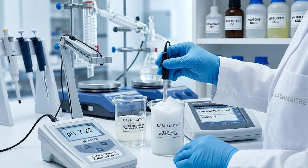 Macro photography of a B2B factory laboratory technician testing the micro-foam density and pH level of an advanced oil free cleanser for eyelash extensions using a digital meter and glass beakers.