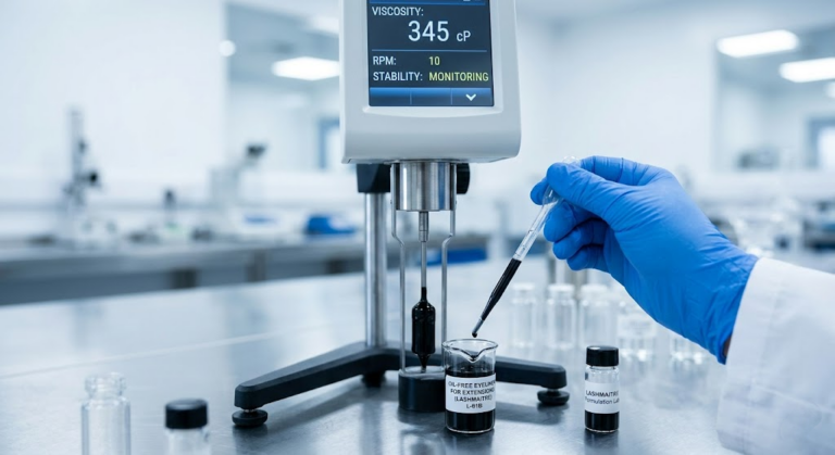 A professional factory chemist using a digital viscometer to test the emulsion stability of a liquid eyeliner formulated as oil free makeup for eyelash extensions.
