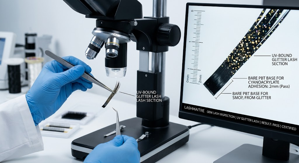 Extreme macro photography of a B2B factory QA engineer examining specialized eyelash extensions with glitter under a digital microscope, highlighting the 2mm bare PBT base for optimal cyanoacrylate adhesion.