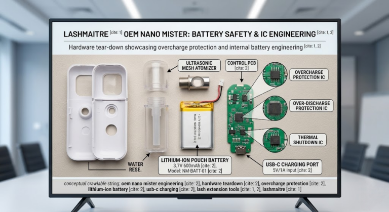 B2B presentation showing a hardware tear-down that highlights the internal lithium-ion battery, USB-C port, and safety ICs of an OEM nano mister for eyelash extensions.