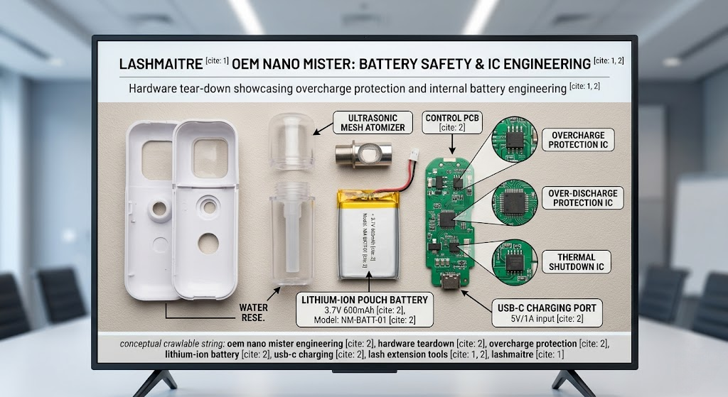 B2B presentation showing a hardware tear-down that highlights the internal lithium-ion battery, USB-C port, and safety ICs of an OEM nano mister for eyelash extensions.