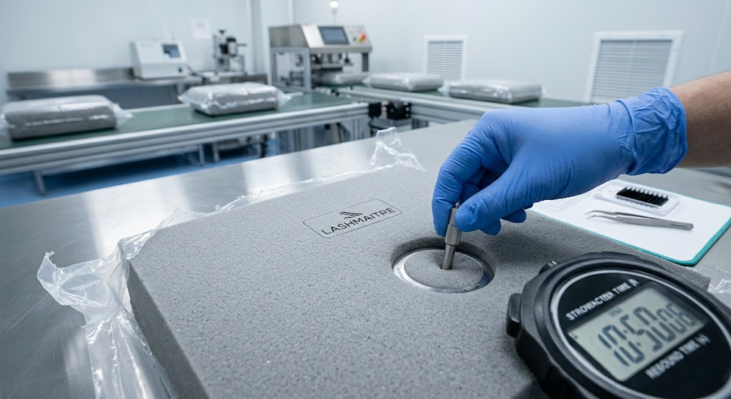 Macro photography of a B2B factory quality control engineer conducting a rebound-time test on a high-density memory foam pillow to extension eyelash inside a sterile manufacturing facility.