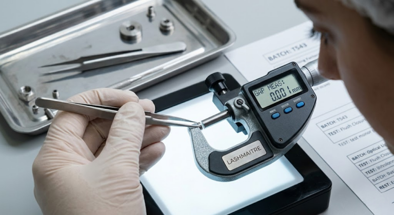 A B2B factory QA engineer using a digital micrometer and optical light board to verify the perfect flush closure of a professional-grade OEM eyelash extension tweezers set.