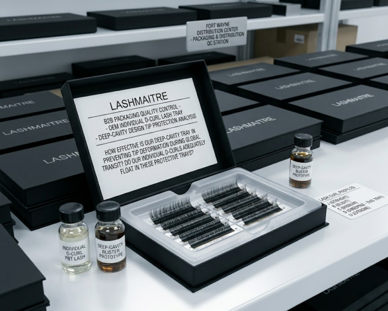 Bespoke heavyweight magnetic lash boxes featuring a minimalist text-only logo and custom deep-cavity blisters to protect the tips of individual D-curl eyelash extensions fort wayne.