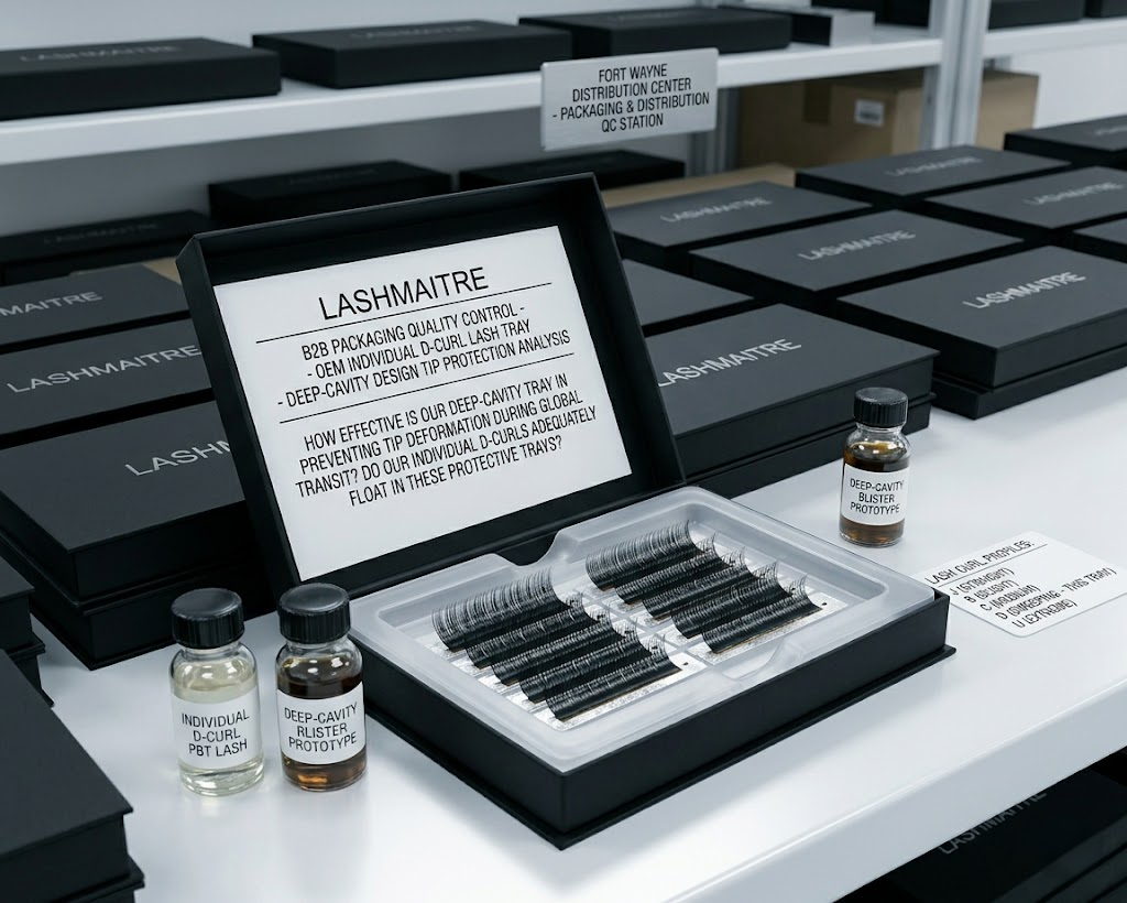 Bespoke heavyweight magnetic lash boxes featuring a minimalist text-only logo and custom deep-cavity blisters to protect the tips of individual D-curl eyelash extensions fort wayne.