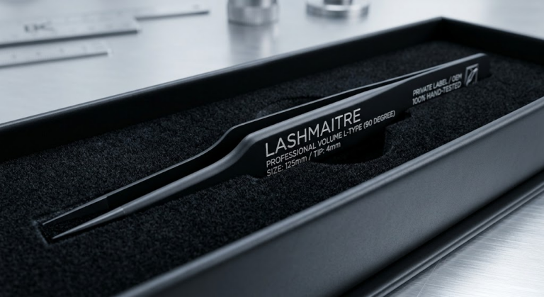 Premium matte-black plasma-coated LASHMAITRE volume eyelash extension tweezers with custom laser engraving in protective EVA foam wholesale packaging.