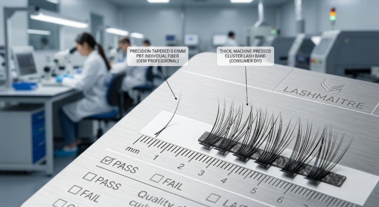 Macro photography comparing a precision-tapered 0.05mm PBT fiber to thick machine-pressed diy eyelash extensions clusters on a factory quality control board.