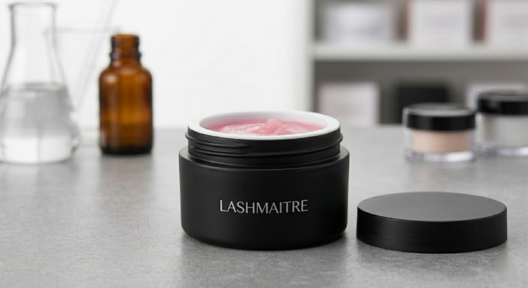 Sleek, matte black double-walled PP jar featuring an airtight PTFE liner, designed to protect the chemical integrity of thick pink cream professional eyelash extension remover during wholesale transit.