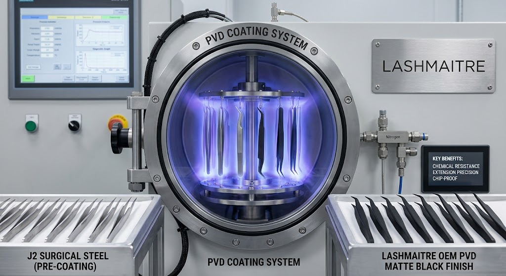 An industrial PVD plasma coating process being applied to J2 surgical steel tools to create a chip-proof, matte black finish for a premium professional eyelash extension tweezers set.