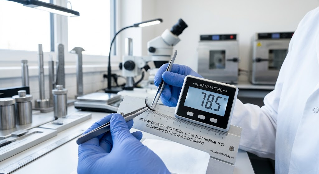 A factory quality control technician in a B2B laboratory setting measuring the precise angular geometry of an L-curl synthetic lash on a digital protractor, ensuring accurate production for high-end cat eyelashes extensions.