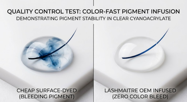 A split-screen macro laboratory test comparing a cheap surface-dyed lash bleeding pigment against a premium LASHMAITRE infused lash with zero color bleed, demonstrating color-fast technology for professional colored eyelash extensions.