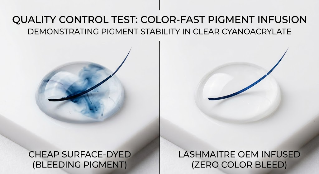 A split-screen macro laboratory test comparing a cheap surface-dyed lash bleeding pigment against a premium LASHMAITRE infused lash with zero color bleed, demonstrating color-fast technology for professional colored eyelash extensions.