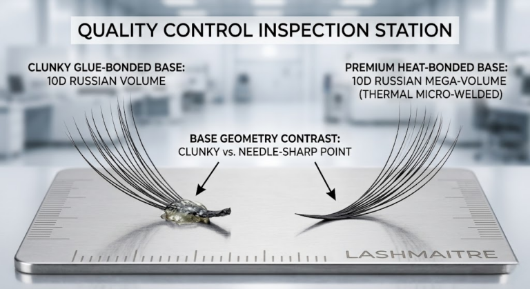 A detailed macro quality control comparison image contrasting a clunky glue-bonded 10d Russian volume lash fan (left) with a premium, needle-sharp heat-bonded 10d Russian mega-volume fan (right), highlighting the superior base geometry of the thermal micro-welded model for B2B wholesale distribution. The distinct text logo 'LASHMAITRE' is visible on the inspection surface.
