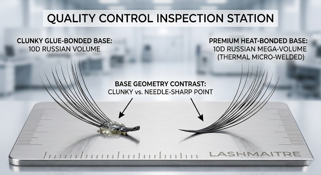 A detailed macro quality control comparison image contrasting a clunky glue-bonded 10d Russian volume lash fan (left) with a premium, needle-sharp heat-bonded 10d Russian mega-volume fan (right), highlighting the superior base geometry of the thermal micro-welded model for B2B wholesale distribution. The distinct text logo 'LASHMAITRE' is visible on the inspection surface.