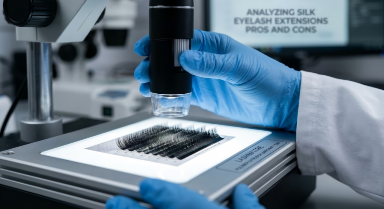 A B2B factory quality control engineer using an optical light board to inspect the semi-gloss sheen of a synthetic lash tray, providing crucial manufacturing data for evaluating silk eyelash extensions pros and cons.
