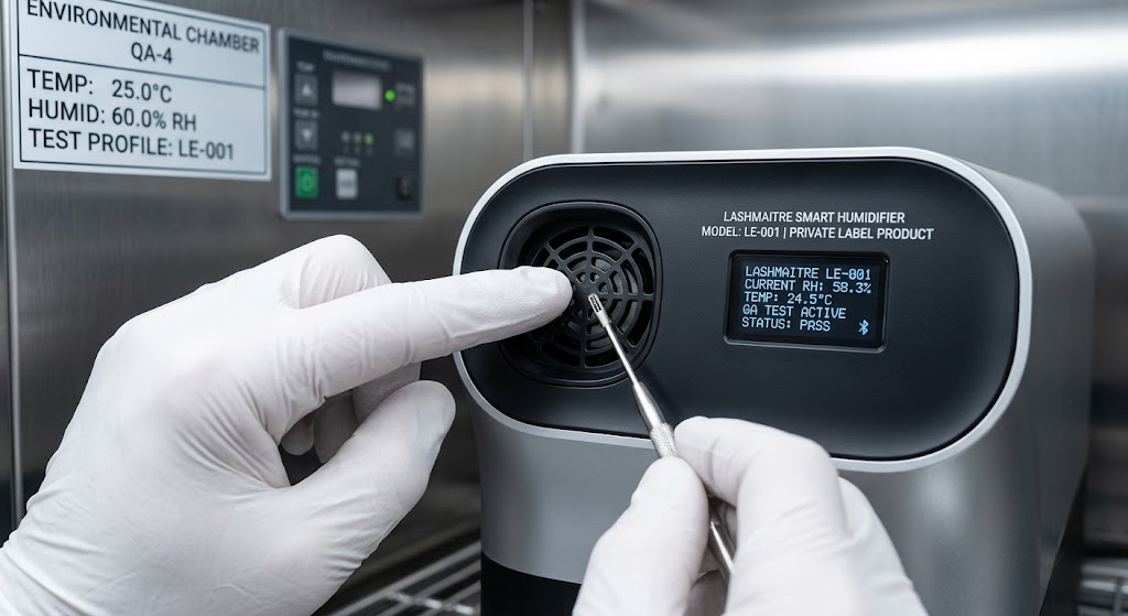 A B2B factory quality control engineer in sterile gloves inspecting the digital hygrometer sensor of a sleek OEM smart humidifier for eyelash extensions inside an environmental testing chamber.
