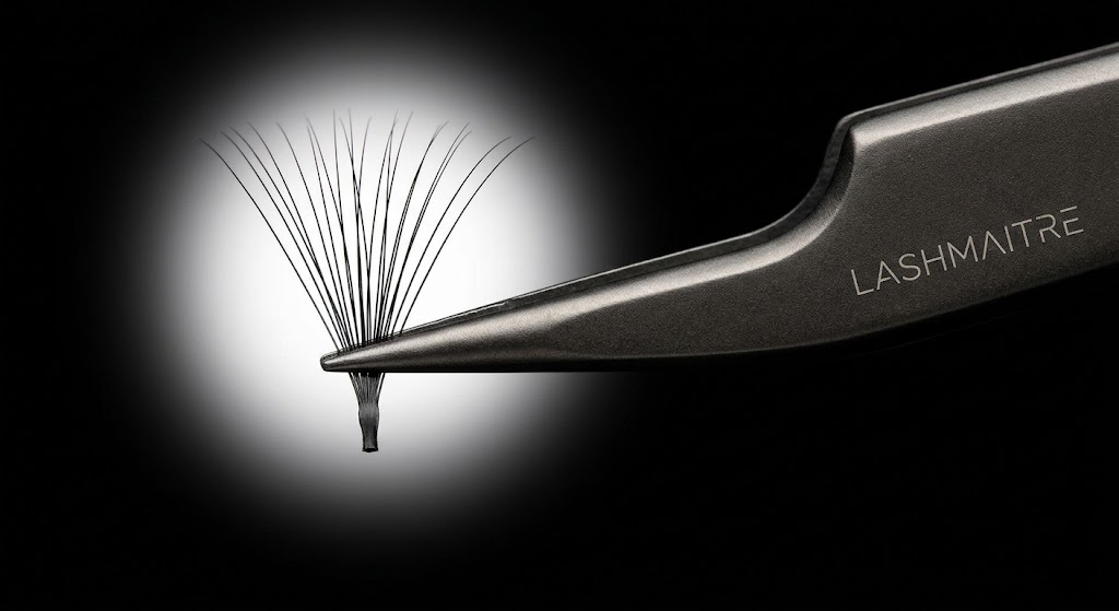 Macro shot of LASHMAITRE surgical-grade volume eyelash extension tweezers gripping a 15D 0.03mm fan with zero light leakage for wholesale distribution.