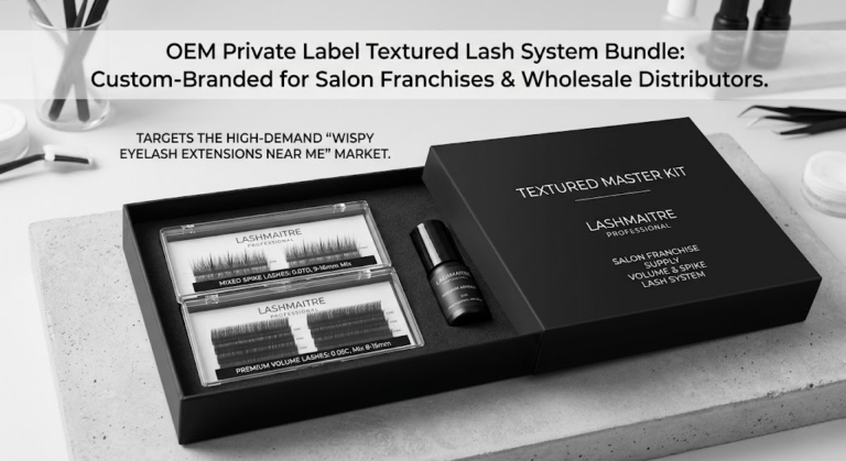 A sleek matte black OEM private label Textured Master Kit containing custom mixed spike trays, volume lashes, and premium adhesive, designed for salon franchises dominating the market for wispy eyelash extensions near me.