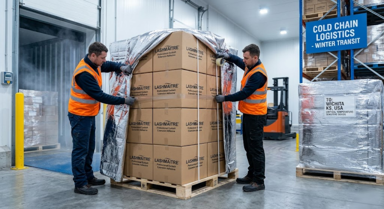 Industrial warehouse logistics showing LASHMAITRE thermal freight packaging to protect wholesale Wichita KS eyelash extensions adhesive from freezing during winter transit.