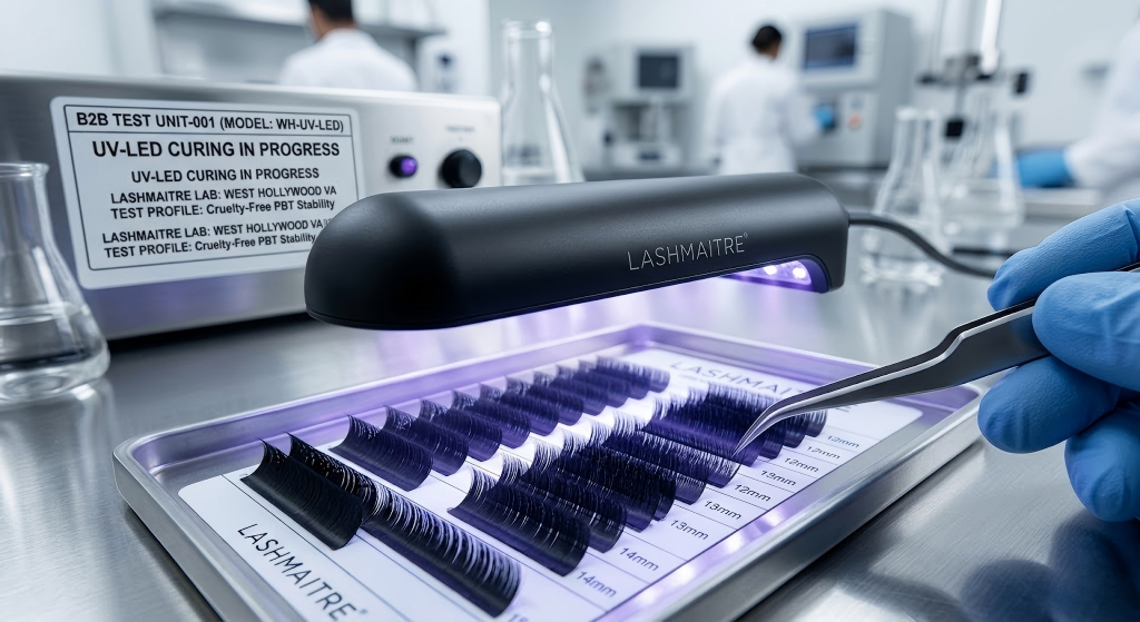 High-fashion macro photograph taken in a sterile clinical laboratory environment (West Hollywood VA area), showing a sleek matte black UV-LED curing lamp hovering over a metal tray containing rows of ultra-matte cruelty-free PBT volume eyelash extensions fanned with precision tweezers. Technical labels for B2B testing visible in the blurred background.