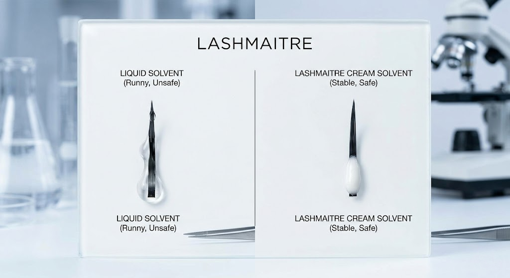 High-precision macro laboratory test comparing an unsafe, runny liquid solvent against a thick, stable cream professional eyelash extension remover that remains perfectly in place.