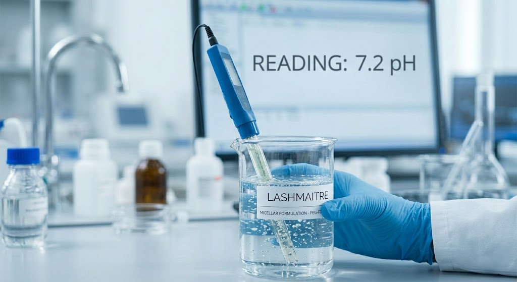 A close-up view of a digital pH meter in a sterile beaker reading 7.2, demonstrating laboratory quality control testing for a makeup remover safe for eyelash extensions.