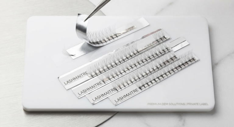A professional top-down shot of a luxury salon lash tile loaded with premium OEM private-label foil-backed strips that peel cleanly without tearing, enabling lash artists to efficiently serve local clients searching for hybrid eyelash extensions near me.