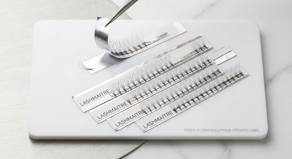 A professional top-down shot of a luxury salon lash tile loaded with premium OEM private-label foil-backed strips that peel cleanly without tearing, enabling lash artists to efficiently serve local clients searching for hybrid eyelash extensions near me.