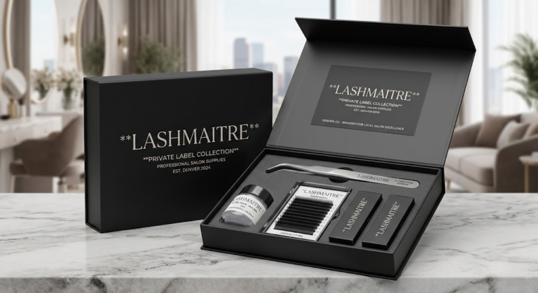 A premium private label lash kit box featuring custom LASHMAITRE branding on tweezers, lash trays, and adhesive, designed as a professional starter set for high-end classes for eyelash extensions near me.