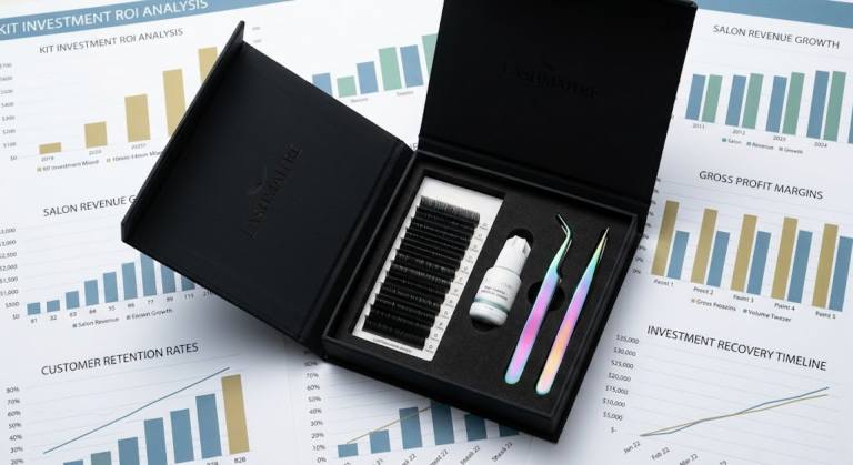 Flat-lay of a premium LASHMAITRE magnetic academy box featuring custom lash trays and plasma-coated tweezers against financial charts, engineered to secure top professional eyelash extension starter kit reviews for training programs.