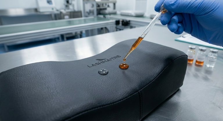 Close-up of a factory quality control worker testing the water-resistance and chemical impermeability of a black PU leather cover for a premium pillow to extension eyelash.