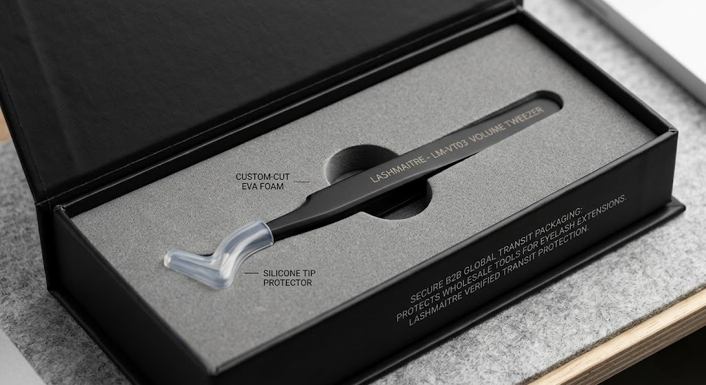 Macro shot of LASHMAITRE custom high-density EVA foam packaging and silicone tip protectors safeguarding premium wholesale tools for eyelash extensions during global B2B transit.