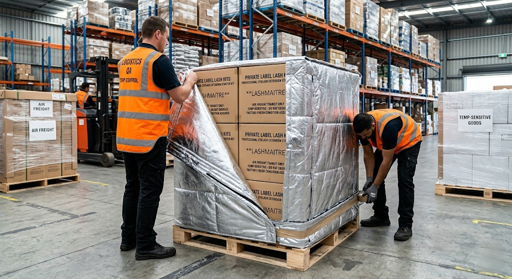 B2B logistics team applying aerospace-grade thermal insulation to LASHMAITRE wholesale pallets to protect adhesives, ensuring optimal performance that drives 5-star professional eyelash extension starter kit reviews.