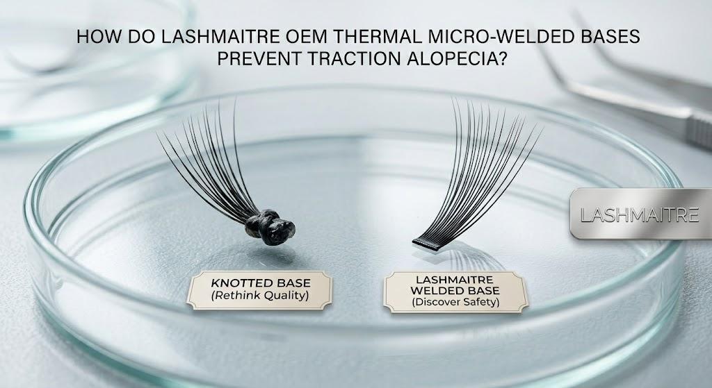 A high-contrast macro laboratory shot comparing a thick, glue-dipped knotted lash base on the left with the razor-thin, seamlessly flat heat-bonded base of premium OEM individual cluster eyelash extensions on the right.