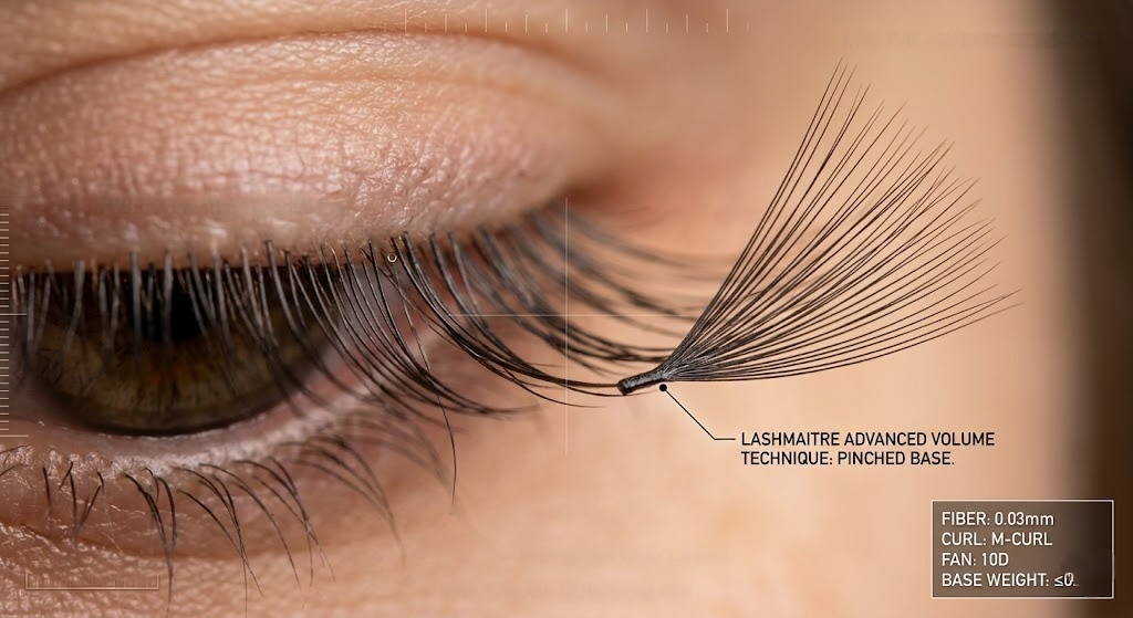 Extreme macro view of a 10D volume fan crafted from ultra-lightweight 0.03mm M-curl synthetic fibers, featuring a weightless base engineered to prevent traction alopecia in wink eyelash extensions.
