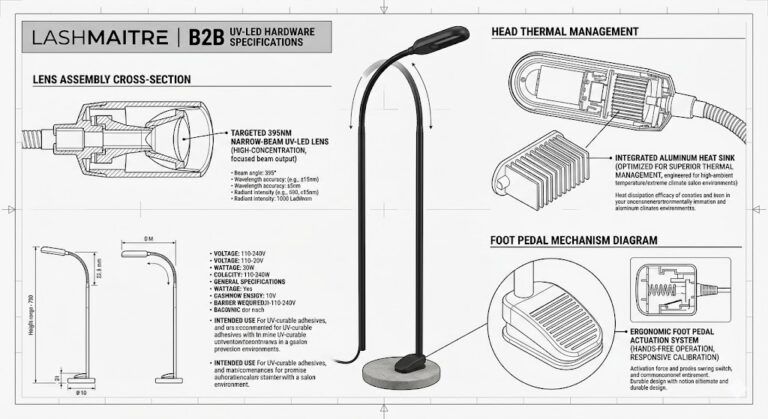 Engineering schematic of a LASHMAITRE 395nm UV-LED curing lamp featuring a narrow-beam lens and foot pedal, highlighting the advanced B2B hardware utilized by top-tier salons for premium Missoula eyelash extensions.