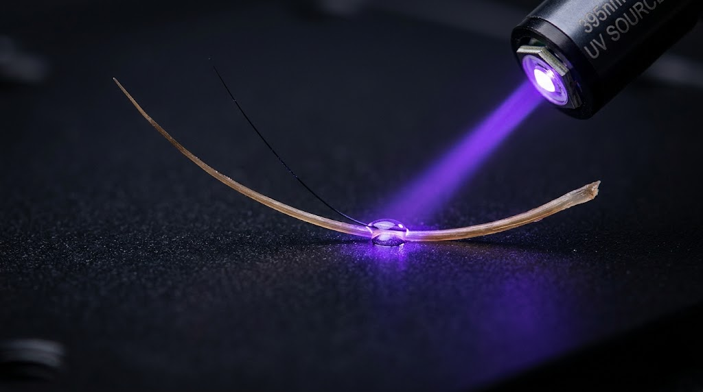 High-precision laboratory macro shot of a narrow-beam 395nm UV-LED light instantly curing the bond between a natural hair and a 0.03mm synthetic lash, demonstrating the advanced technology used for premium Missoula eyelash extensions.