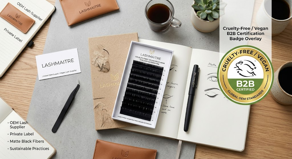 A sleek, professional corporate flat-lay showcasing a tray of deep matte black faux mink eyelash extensions resting on recycled, eco-friendly cardboard packaging, featuring a prominent Cruelty-Free and Vegan B2B certification badge overlay.