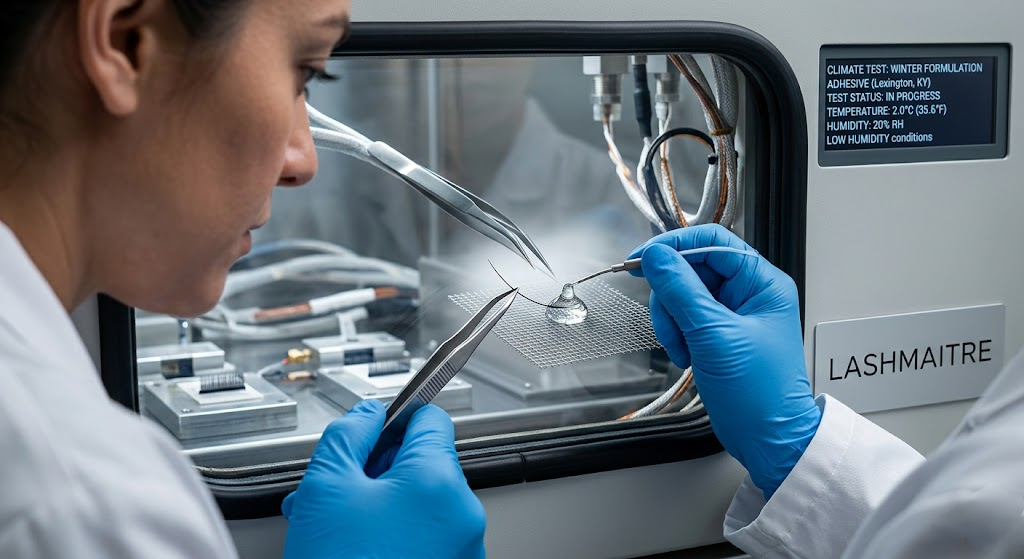 Macro photograph of a B2B factory chemist using an environmental chamber to test the curing speed of a winter-formulated adhesive, specifically calibrated for studios offering lexington ky eyelash extensions in low-humidity conditions.