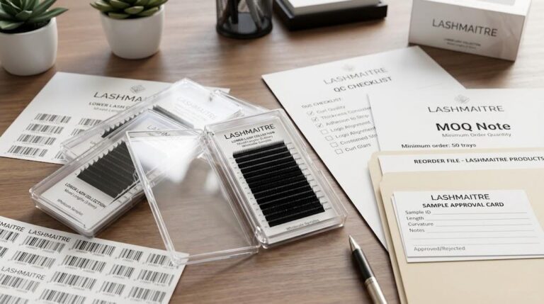 LASHMAITRE bottom lash extensions sample trays with short length labels MOQ note and reorder record for wholesale buyers
