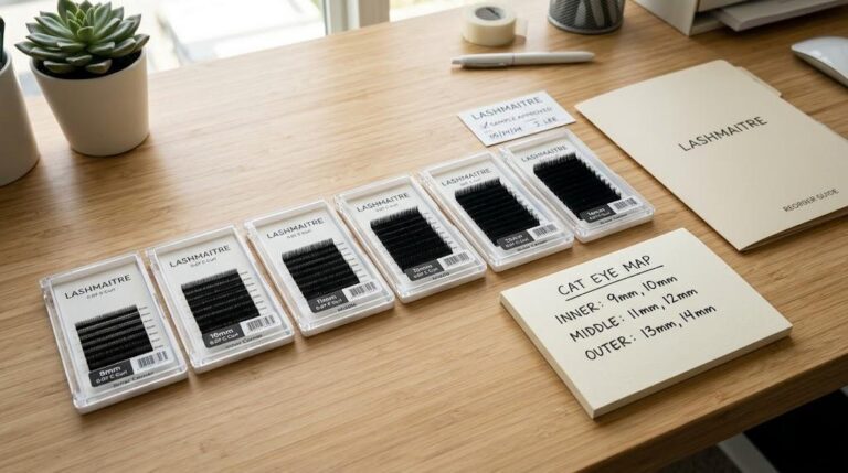 LASHMAITRE cat eye lash extensions map tray planning with length cards curl notes sample approval and reorder record