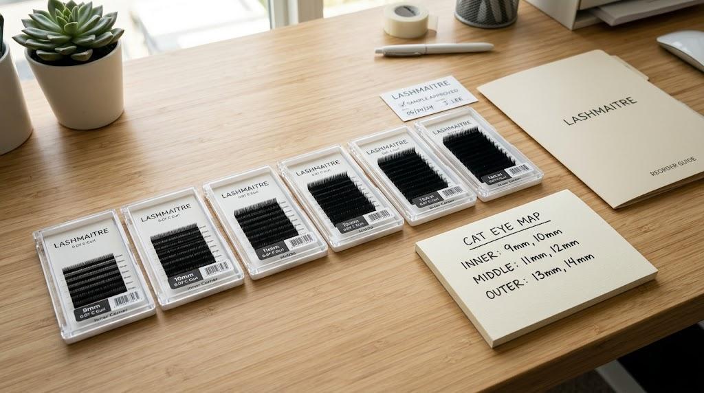 LASHMAITRE cat eye lash extensions map tray planning with length cards curl notes sample approval and reorder record