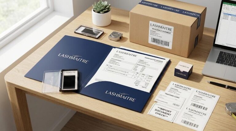 LASHMAITRE eyelash extension import documents folder with commercial invoice packing list carton label and lash trays