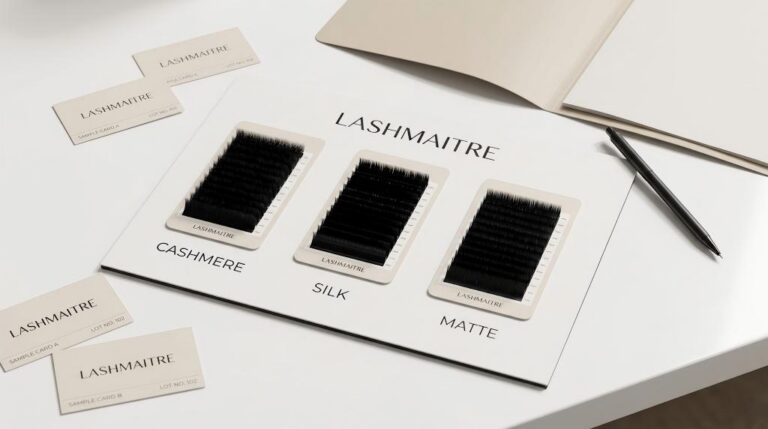 cashmere vs silk lashes - LASHMAITRE cashmere silk and matte lash finish comparison board for wholesale buyers